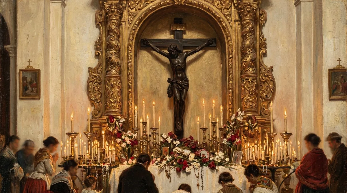 Crucifijo de madera de talla muy oscura dentro de una hornacina barroca dorada de una basílica centroamericana, rodeado de velas encendidas y flores dejadas por los peregrinos