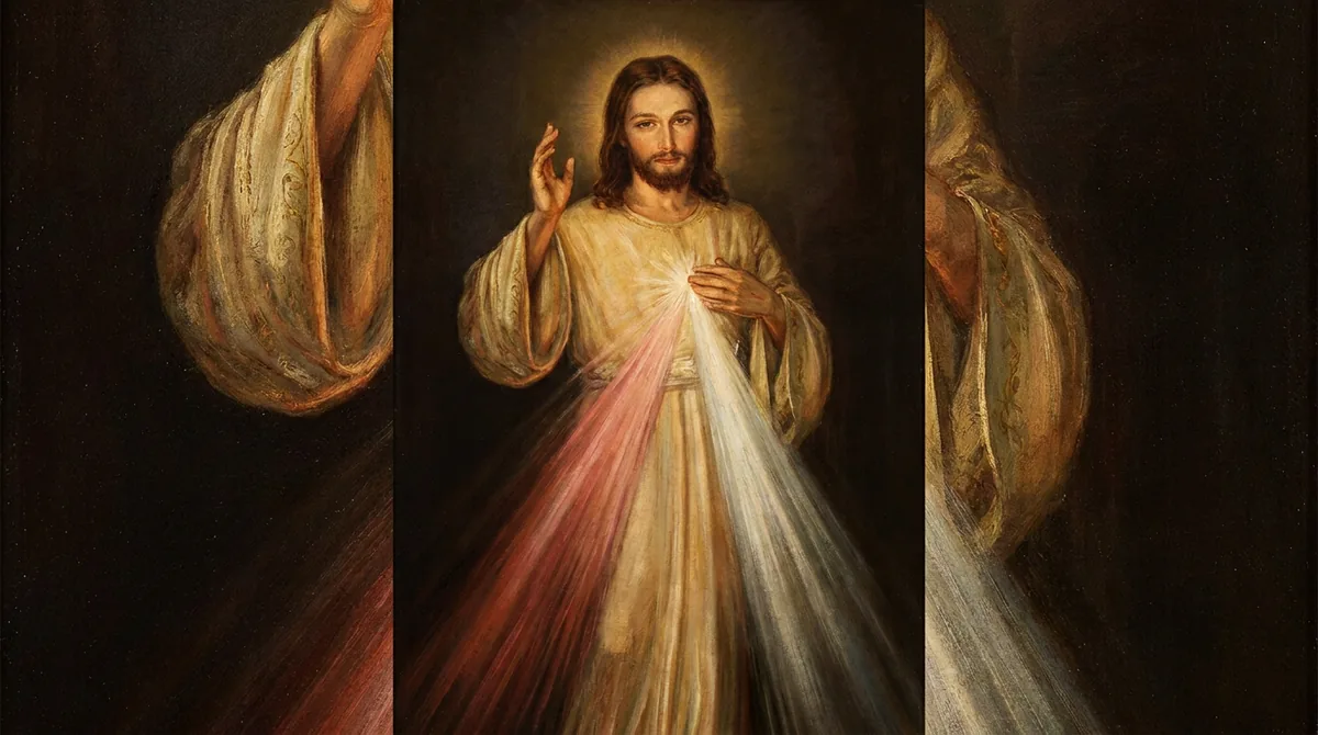 Pintura de Cristo de pie con túnica blanca, la mano derecha bendiciendo y la izquierda tocando el pecho, del que salen dos haces de luz: uno pálido y otro rojo
