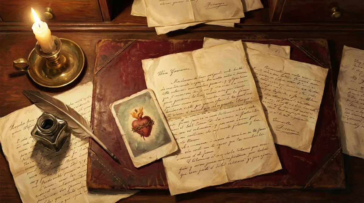 Escritorio antiguo visto desde arriba con cartas manuscritas envejecidas, pluma y tintero, y una estampa del Sagrado Corazón entre los papeles