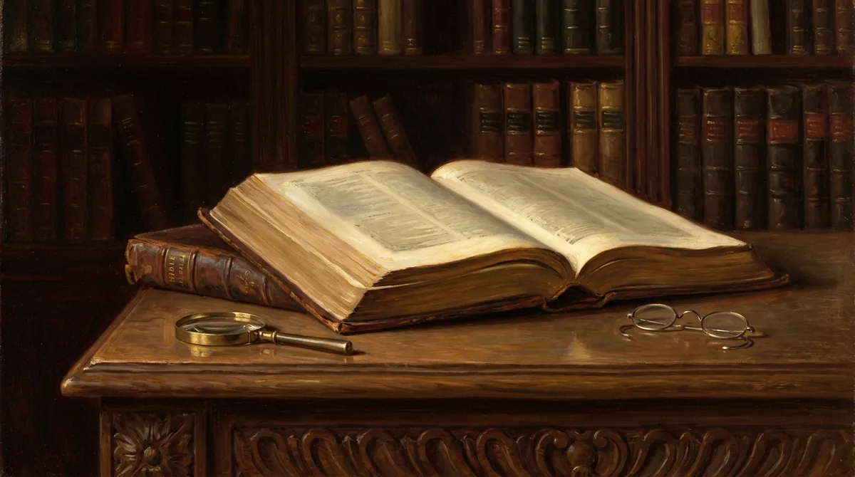 Biblia antigua y voluminosa encuadernada en cuero oscuro y gastado, abierta sobre una mesa de biblioteca, con una lupa y unas gafas de lectura al lado y estanterías en penumbra detrás