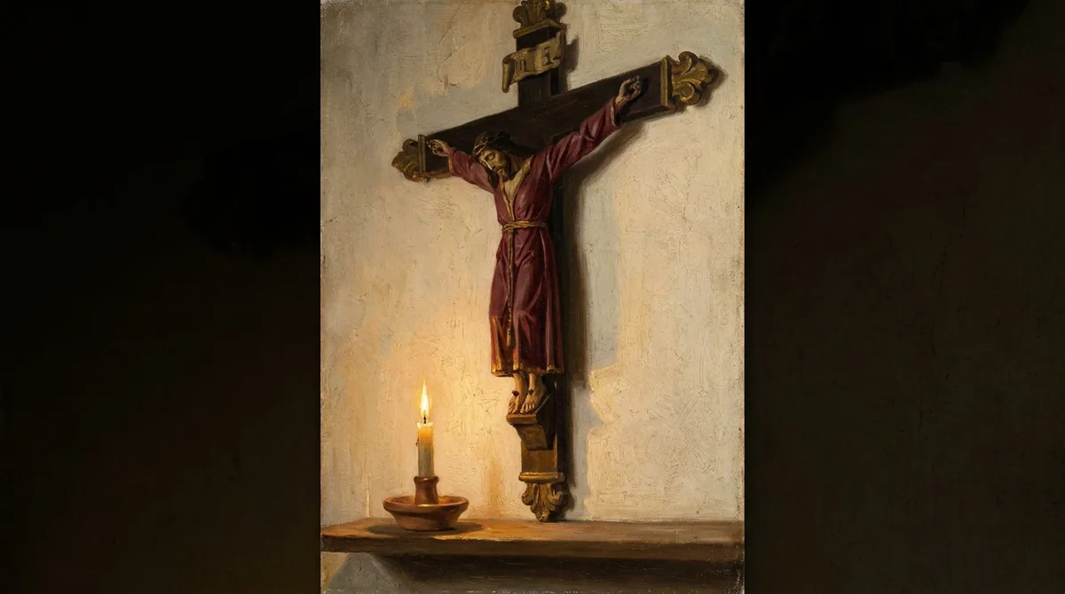 Crucifijo de madera oscura tallada sobre una pared enyesada desnuda, visto ligeramente desde abajo, con una vela encendida en una repisa debajo