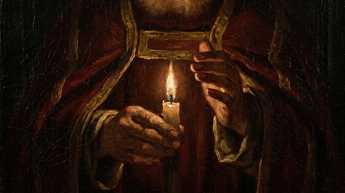 Una sola vela encendida en la oscuridad, con su llama como única luz y unas manos apenas visibles ahuecadas junto a ella