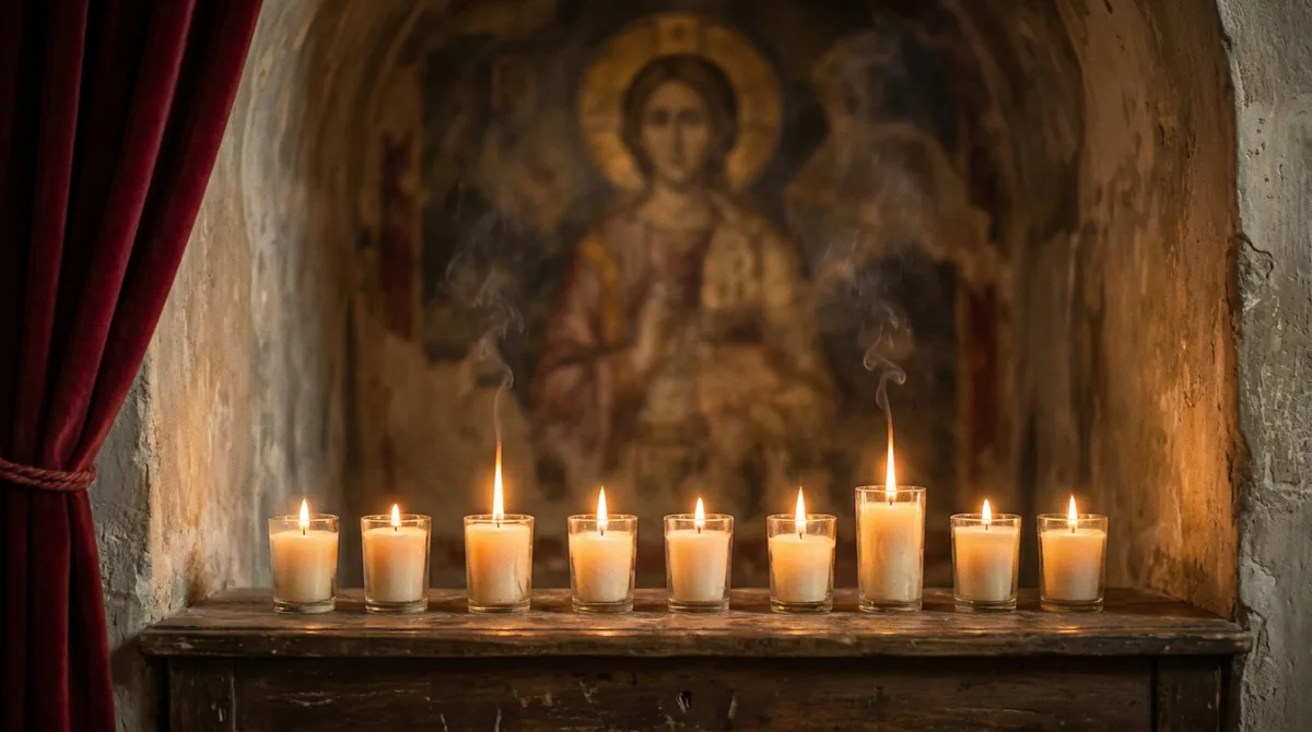 Nueve velas encendidas en fila sobre una repisa de madera oscura en el interior de una capilla en penumbra