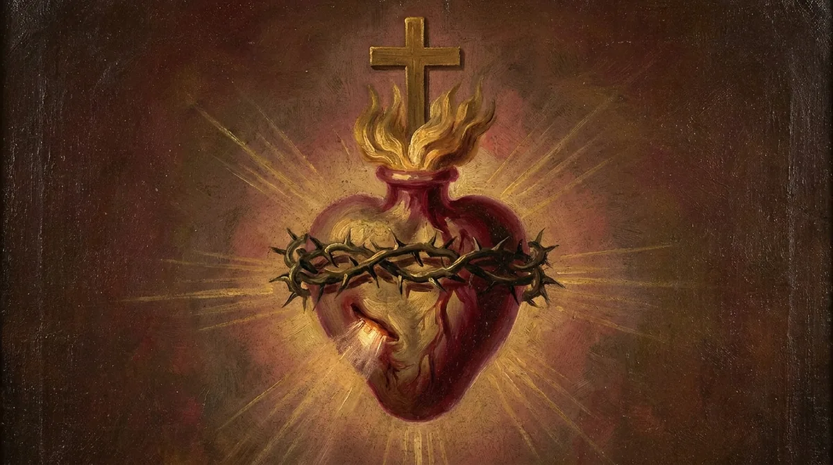 Emblema del Sagrado Corazón pintado al óleo: un corazón herido rodeado por la corona de espinas, con llamas doradas y una cruz encima, del que salen rayos de luz sobre fondo oscuro
