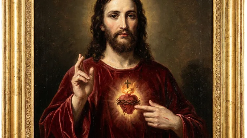 Ilustración de Jesús bendiciendo y señalando su Sagrado Corazón